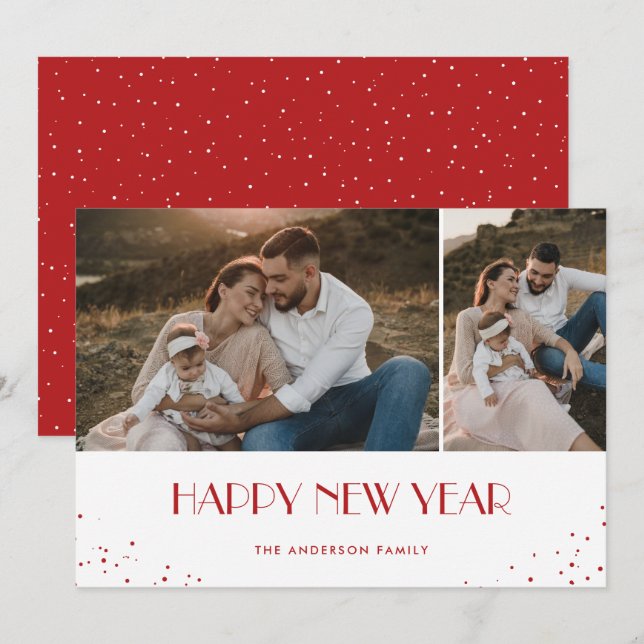 Cartes Pour Fêtes Annuelles Bonne année moderne Red Snowy 2 Photo (Devant / Derrière)
