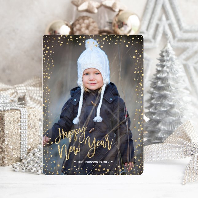 Cartes Pour Fêtes Annuelles Bonne année | Or | Points de Parties scintillant | (Happy New Year | Gold | Glitter Dots | Photo Card)