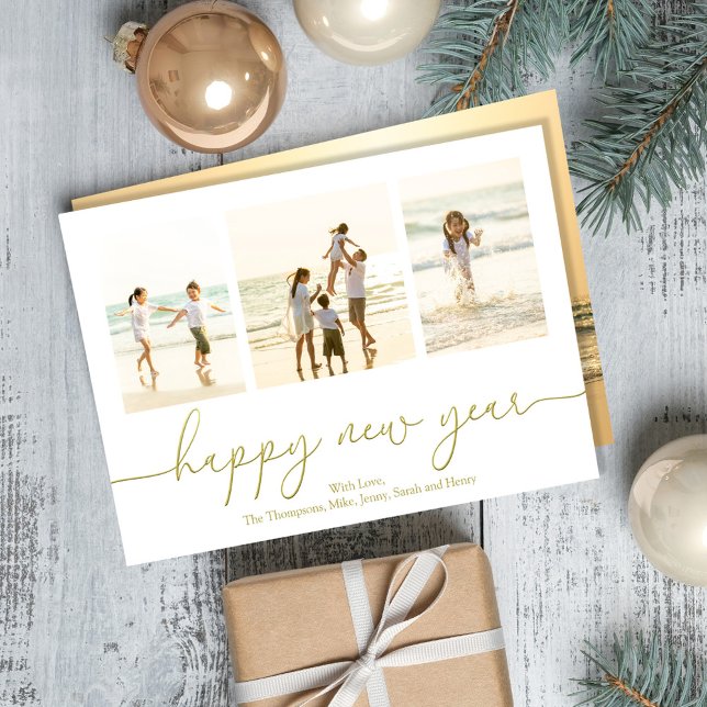 Cartes Pour Fêtes Annuelles Bonne année Photo Gold Calligraphie (Happy New Years photo cards with gold calligraphy script. )