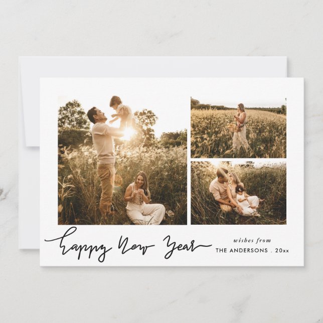 Cartes Pour Fêtes Annuelles Bonne année | Script minimaliste multi-photo (Devant)