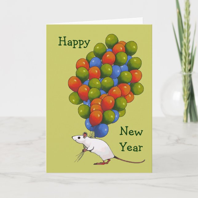 Cartes Pour Fêtes Annuelles Bonne année : Souris Blanche avec BEAUCOUP de Ball (Devant)
