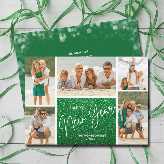 Cartes Pour Fêtes Annuelles Bonne année sur Green Multi Photo (Happy New Year on Green Multi Photo Holiday Cards)