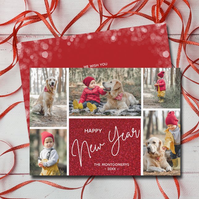 Cartes Pour Fêtes Annuelles Bonne année sur Red Multi Photo (Happy New Year on Red Multi Photo Holiday Cards)