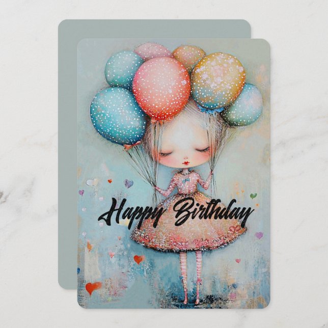 Cartes Pour Fêtes Annuelles Bonne fille d'anniversaire avec des ballons (Devant / Derrière)