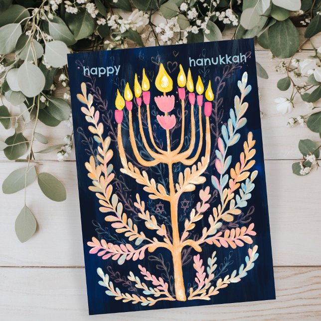 Cartes Pour Fêtes Annuelles Bonne Hanoukka Botanical Menorah Aquarelle (Happy Hanukkah Botanical Menorah Watercolor Holiday Flat Card
)