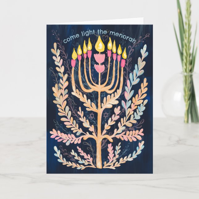 Cartes Pour Fêtes Annuelles Bonne Hanoukka Botanical Menorah Aquarelle (Devant)