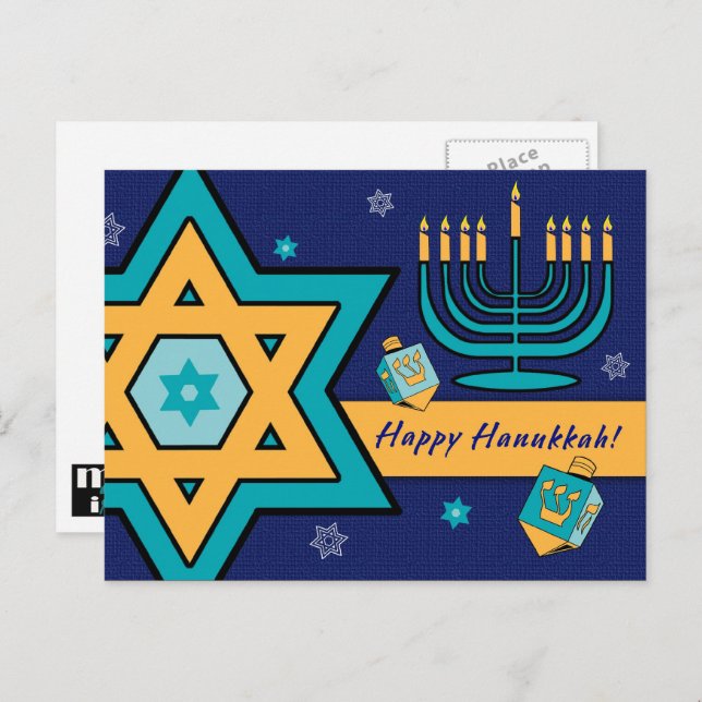 Cartes Pour Fêtes Annuelles Bonne Hanoukka. Étoile de David, Menorah, Dreidels (Devant / Derrière)