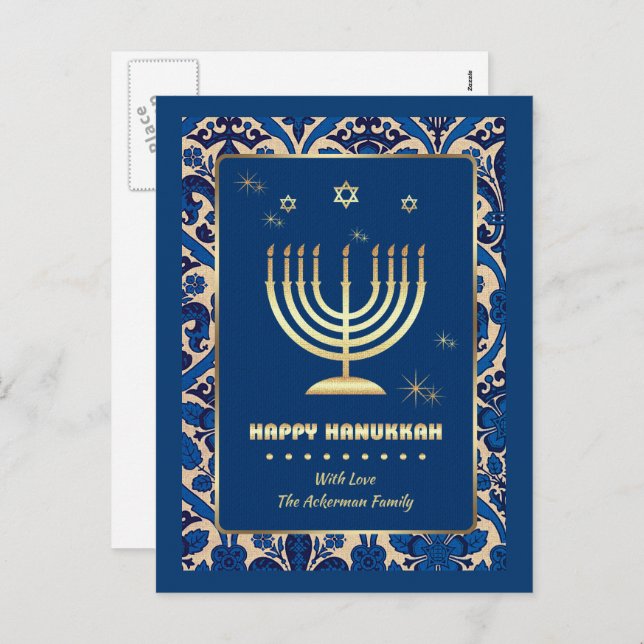 Cartes Pour Fêtes Annuelles Bonne Hanoukka. Menorah d'or (Devant / Derrière)