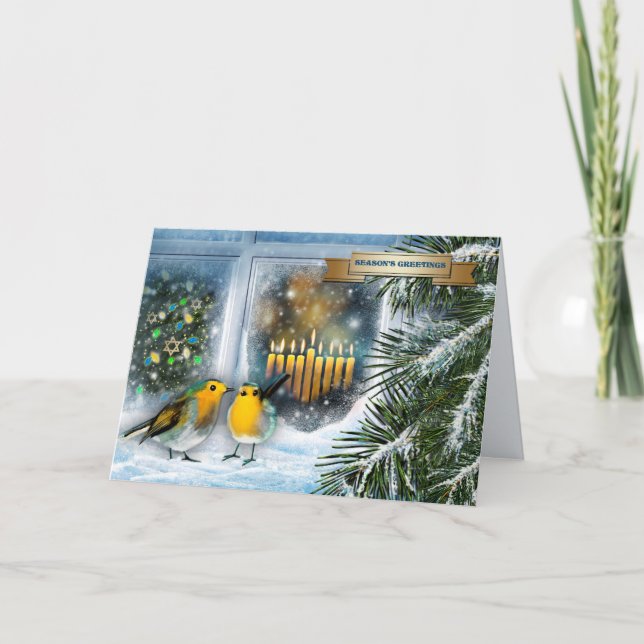 Cartes Pour Fêtes Annuelles Bonne Hanoukka. Scène de fenêtre de neige avec Men (Devant)