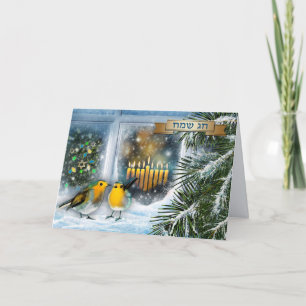 Cartes Pour Fêtes Annuelles Bonne Hanoukka. Scène de fenêtre de neige avec Men
