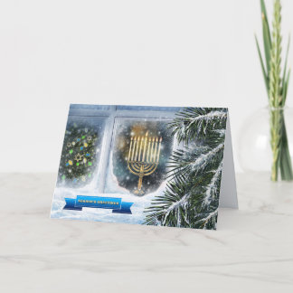 Cartes Pour Fêtes Annuelles Bonne Hanoukka. Scène de fenêtre de neige avec Men