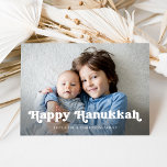 Cartes Pour Fêtes Annuelles Bonne Hanoukka | Superposition photo Boho simple<br><div class="desc">Cette carte photo simple et élégante est ornée d'une superposition de texte blanc boho fantaisiste qui dit "Happy Hanoukka",  avec de la place pour votre photo personnelle préférée. Le dos de la carte est bleu.</div>