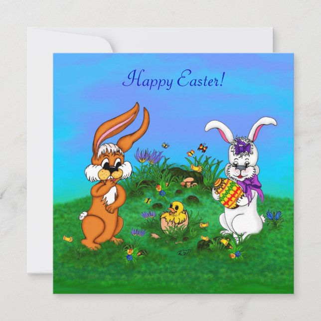 Cartes Pour Fêtes Annuelles Bonne Pâques ! Lapin avec lapin et poussin (Devant)
