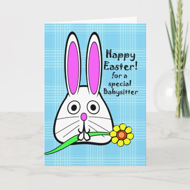 Cartes Pour Fêtes Annuelles Bonne Pâques pour Babysitter, lapin mignon et fleu (Devant)