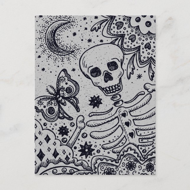 CARTES POUR FÊTES ANNUELLES BONNES DANS LE SKELETON JARDIN, FOLK ART MOON MOTH (Devant)