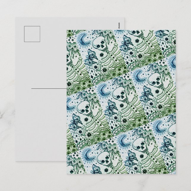 CARTES POUR FÊTES ANNUELLES BONNES DANS LE SKELETON JARDIN, FOLK ART MOON MOTH (Devant / Derrière)