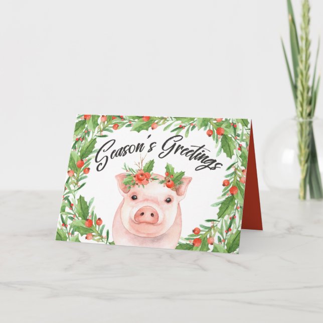 Cartes Pour Fêtes Annuelles Bonnes Fêtes d'aquarelle mignonne Cochon et baies (Devant)