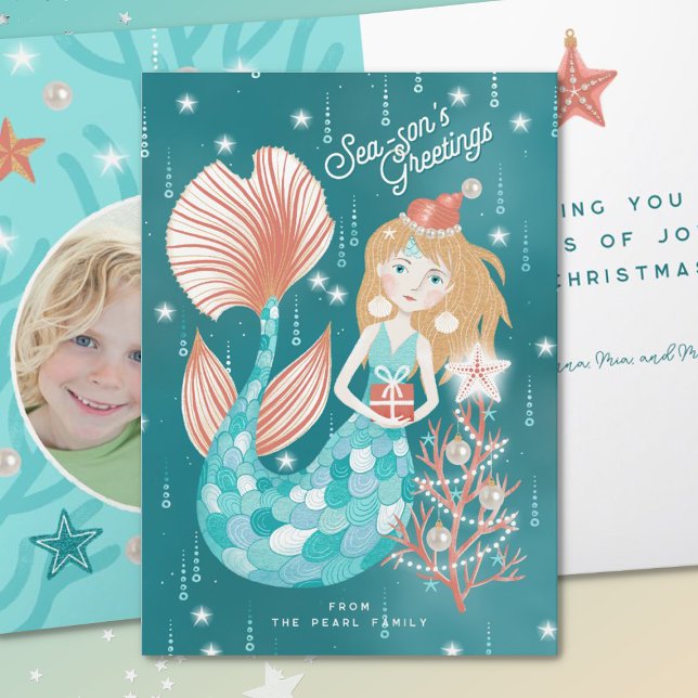 Cartes Pour Fêtes Annuelles Bonnes Fêtes Famille de sirènes pliées (mockup)