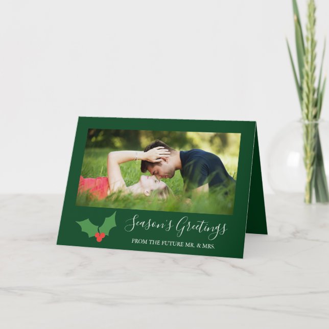 Cartes Pour Fêtes Annuelles Bonnes Fêtes Holly Engagé Couple Photo (Devant)