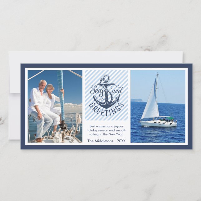 Cartes Pour Fêtes Annuelles Bonnes Fêtes nautiques - Marine & White Stripes (Devant)