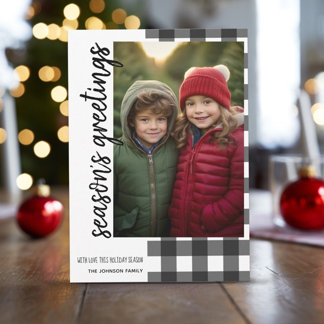 Cartes Pour Fêtes Annuelles Bonnes Fêtes Photo Plaid de Buffalo noir blanc (Buffalo Plaid in white and black with 1 photo - online christmas card)