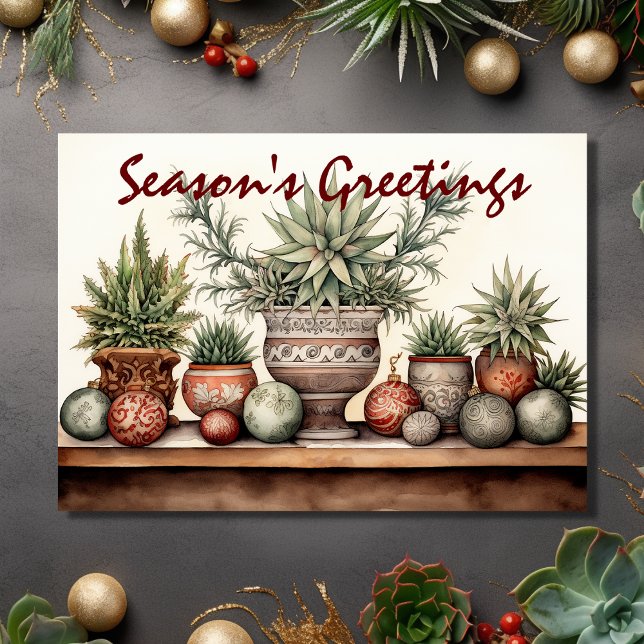 Cartes Pour Fêtes Annuelles Bonnes Fêtes Pots Succulents Noël (Front - Season's Greetings Potted Succulents Christmas Holiday Card)