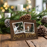 Cartes Pour Fêtes Annuelles Bonnes Fêtes Rustic Gold Script photo<br><div class="desc">Cartes de voeux photos imprimées sur mesure et abordables avec des modèles simples pour la personnalisation. Ce design rustique chic présente un texte de 2 modèle photo avec un faux texte de feuille d'or sur un arrière - plan à l'aspect bois. Personnalisez-le avec vos photos, nom de famille, année ou...</div>