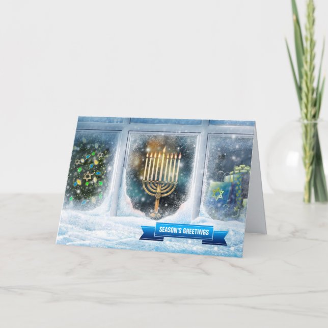 Cartes Pour Fêtes Annuelles Bonnes Fêtes. Scène de neige avec Menorah (Devant)