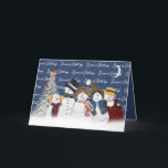 Cartes Pour Fêtes Annuelles Bonnes Fêtes Snowmen Dans Les Snowflakes<br><div class="desc">De mignons bonhomme de neige en flocons de neige avec du texte "Bonnes Fêtes" en bleu avec des flocons de neige,  un cardinal,  un croissant de lune et un pin blanc. La couleur Arrière - plan peut être modifiée. Tout le texte peut être modifié.</div>