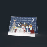 Cartes Pour Fêtes Annuelles Bonnes Fêtes Snowmen Dans Les Snowflakes<br><div class="desc">De mignons bonhomme de neige en flocons de neige avec du texte "Bonnes Fêtes" en bleu avec des flocons de neige,  un cardinal,  un croissant de lune et un pin blanc. La couleur Arrière - plan peut être modifiée. Tout le texte peut être modifié.</div>