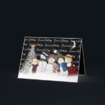 Cartes Pour Fêtes Annuelles Bonnes Fêtes Snowmen Dans Les Snowflakes<br><div class="desc">De mignons bonhomme de neige en flocons de neige avec du texte "Bonnes Fêtes" sur le noir avec des flocons de neige,  un croissant de lune et un pin blanc. La couleur Arrière - plan peut être modifiée. Tout le texte peut être modifié.</div>