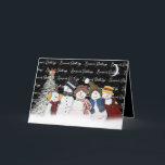 Cartes Pour Fêtes Annuelles Bonnes Fêtes Snowmen Dans Les Snowflakes<br><div class="desc">De mignons bonhomme de neige en flocons de neige avec du texte "Bonnes Fêtes" sur le noir avec des flocons de neige,  un croissant de lune et un pin blanc. La couleur Arrière - plan peut être modifiée. Tout le texte peut être modifié.</div>