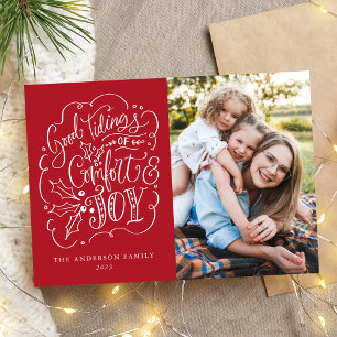 Cartes Pour Fêtes Annuelles Bonnes Tidings de Confort & Joy Typographie Rouge
