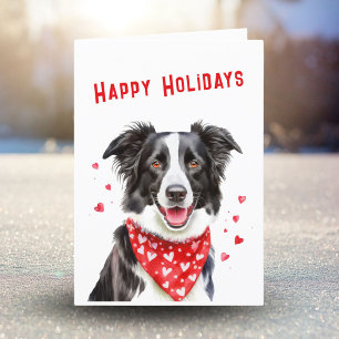 Cartes Pour Fêtes Annuelles Border Collie avec bandana rouge à coeur Noël
