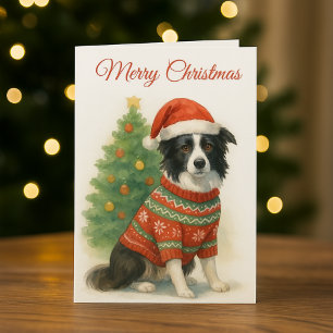 Cartes Pour Fêtes Annuelles Border Collie chapeau de Noël et sapin
