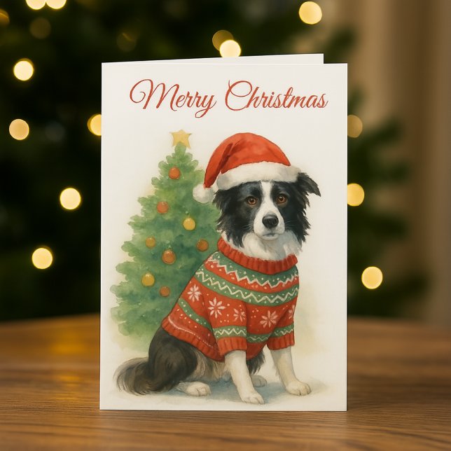 Cartes Pour Fêtes Annuelles Border Collie Christmas Santa Hat & Tree (A perfect Christmas card for "Border Collie " dog lovers. )