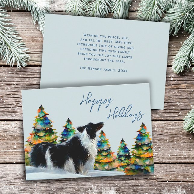 Cartes Pour Fêtes Annuelles Border Collie dans la neige hivernale Arbre de Noë (Créateur téléchargé)