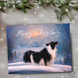 Cartes Pour Fêtes Annuelles Border Collie dans un paysage enneigé de Noël en h