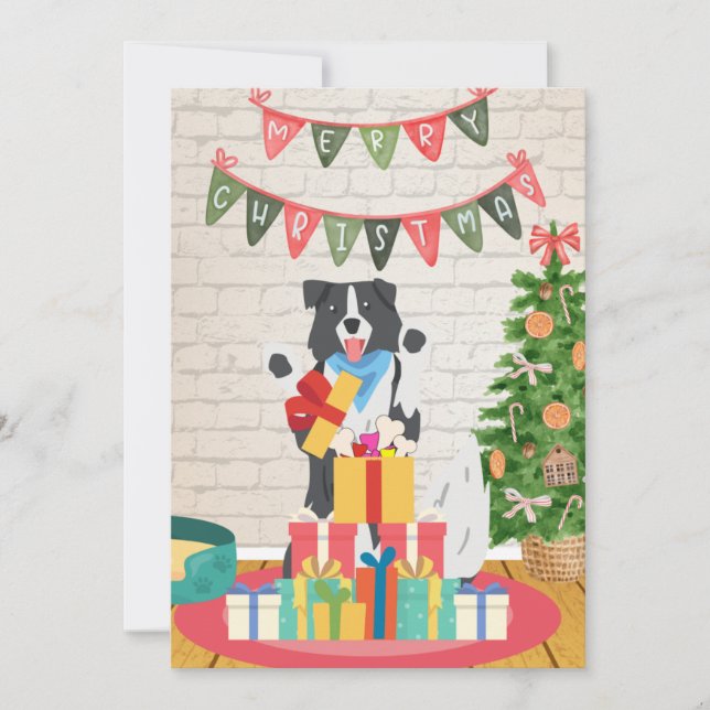 Cartes Pour Fêtes Annuelles Border Collie Présente Bones Dog Noël  (Devant)