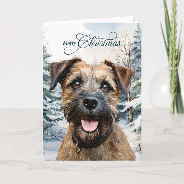 Cartes Pour Fêtes Annuelles Border Terrier Dog Woodland Forest Christmas (Devant)