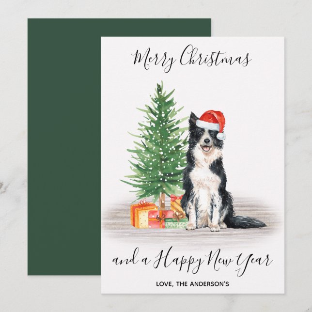 Cartes Pour Fêtes Annuelles Bordure Collie Chien Père Noël Tree Joyeux Noël (Devant / Derrière)