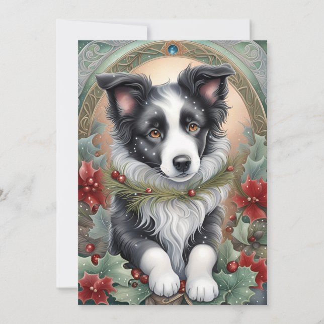 Cartes Pour Fêtes Annuelles Bordure Collie Chien Poinsettias Holly Noël (Devant)