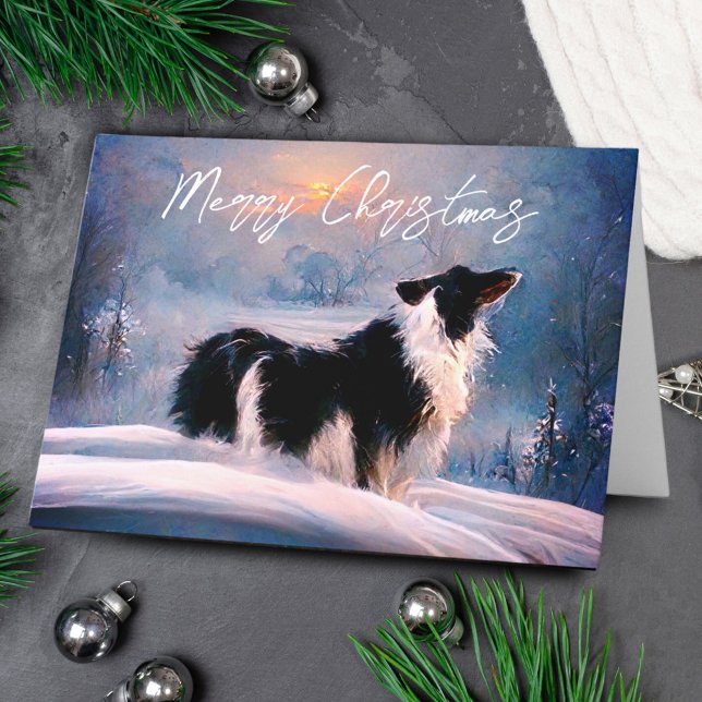 Cartes Pour Fêtes Annuelles Bordure Collie en hiver Paysage de neige Noël (Créateur téléchargé)