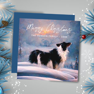 Cartes Pour Fêtes Annuelles Bordure Collie en hiver Paysage de neige Noël