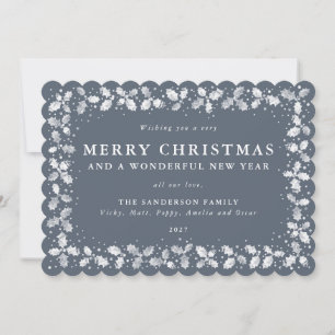 Cartes Pour Fêtes Annuelles Bordure de feuilles de houx gris bleu foncé plat n