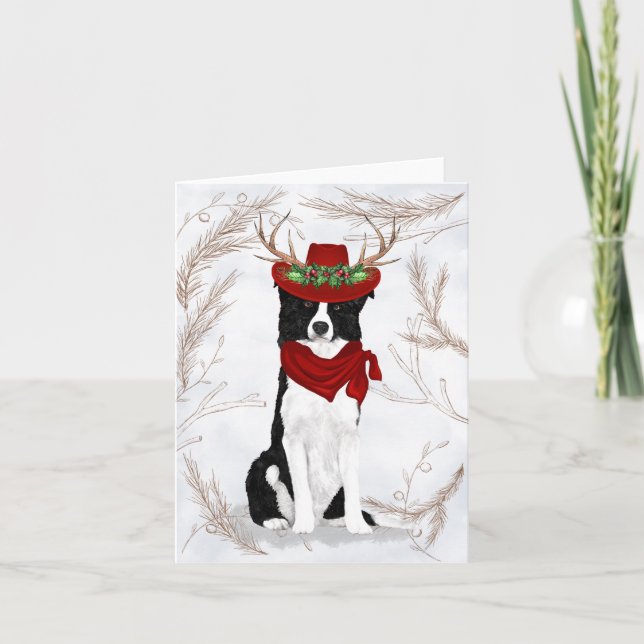 Cartes Pour Fêtes Annuelles Bordure de Noël Collie Chien et Pins botaniques (Devant)