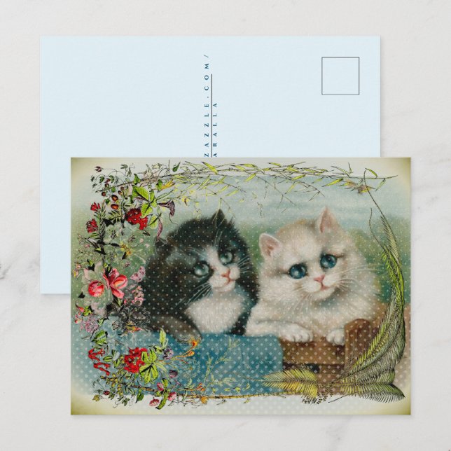 Cartes Pour Fêtes Annuelles Bordure florale de chats noirs et blancs (Devant / Derrière)
