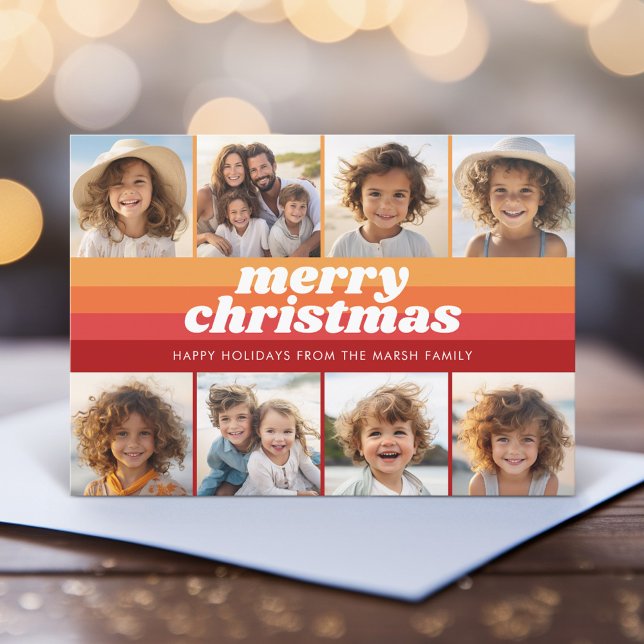 Cartes Pour Fêtes Annuelles Bordure photo 8 - Joyeux Noël Retro Line Art (Retro Stripe Christmas Card with 8 Photos - Vibrant Sunset Colors - Print and Download Option)