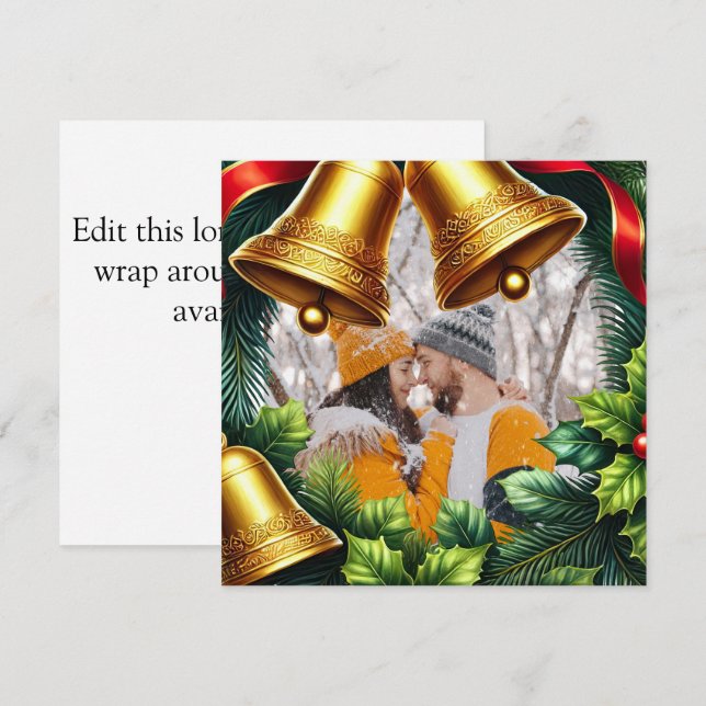 Cartes Pour Fêtes Annuelles Bordure photo à feuillage persistant avec cloches  (Devant / Derrière)