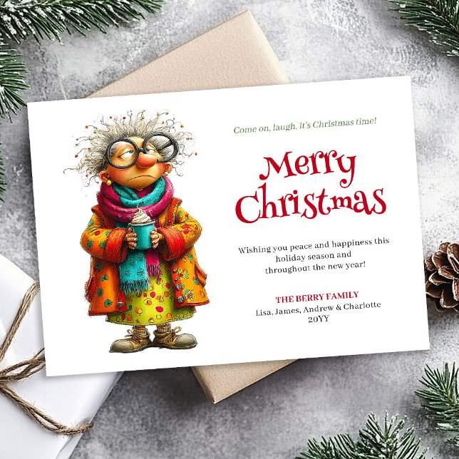 Cartes Pour Fêtes Annuelles Bored funny quirky comic woman Christmas card (Bored funny quirky comic woman Christmas card)